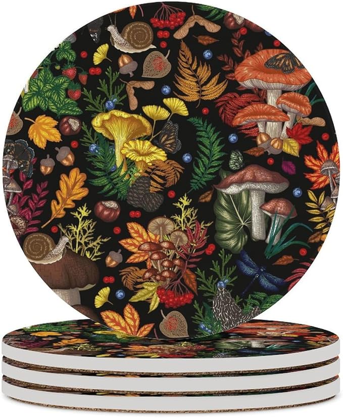 Round-4PCS Botanical Ceramic Coasters, Round Absorbent Drink Coasters, Rustic Cartoon Abstract Botanical Mushroom Plants Pattern Ceramic Table Coasters for Coffee, Beverage, Wine, Beer Coasters