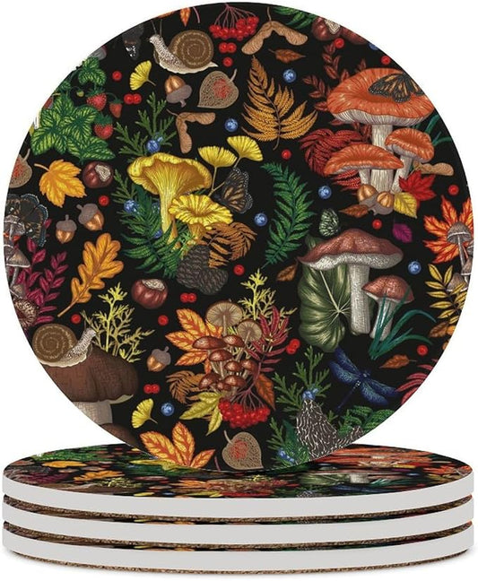 Round-4PCS Botanical Ceramic Coasters, Round Absorbent Drink Coasters, Rustic Cartoon Abstract Botanical Mushroom Plants Pattern Ceramic Table Coasters for Coffee, Beverage, Wine, Beer Coasters