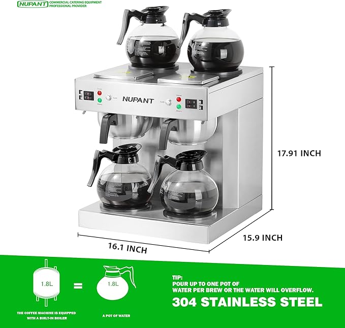 Dual Drip Commercial Coffee Maker with Water Line 200 Cup/H 7.2L Auto-Filling Drip Coffee Maker Machine with 4 Carafes & 4 Warmers Stainless Steel Pour over Double Coffee Brewer for Restaurant