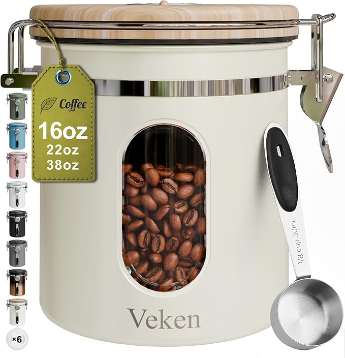 Veken Coffee Sugar Canister with Window, Airtight Stainless Steel Kitchen Food Storage Container with Lids, Date Tracker and Scoop for Grounds Coffee, Beans, Tea, Flour, Cereal Jars, 16OZ, Cream