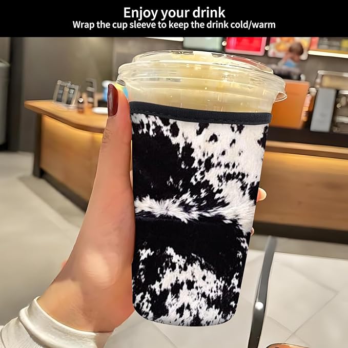 Reusable Neoprene Insulator Sleeve for Iced Coffee Cold Soda Cups, Cute Durable Drink Sleeve for Cold Beverages, Medium 22-28oz Cup Sleeve Luxuious Cow Print