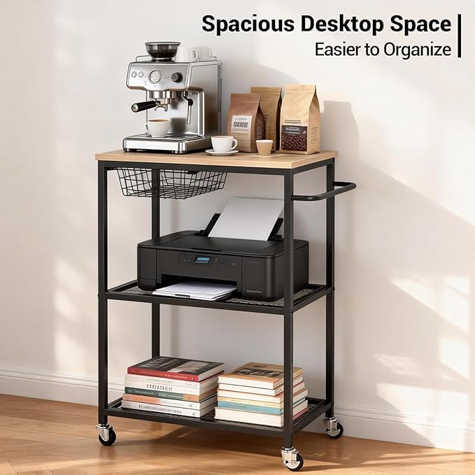 Rolling Kitchen Carts on Wheels, 3 Tier Mobile Utility Cart with Wood Tabletop Storage Cart, Metal Serving Carts with Handle and Shelf Liner for Island Restaurant Coffee Bar Living Room Office Black
