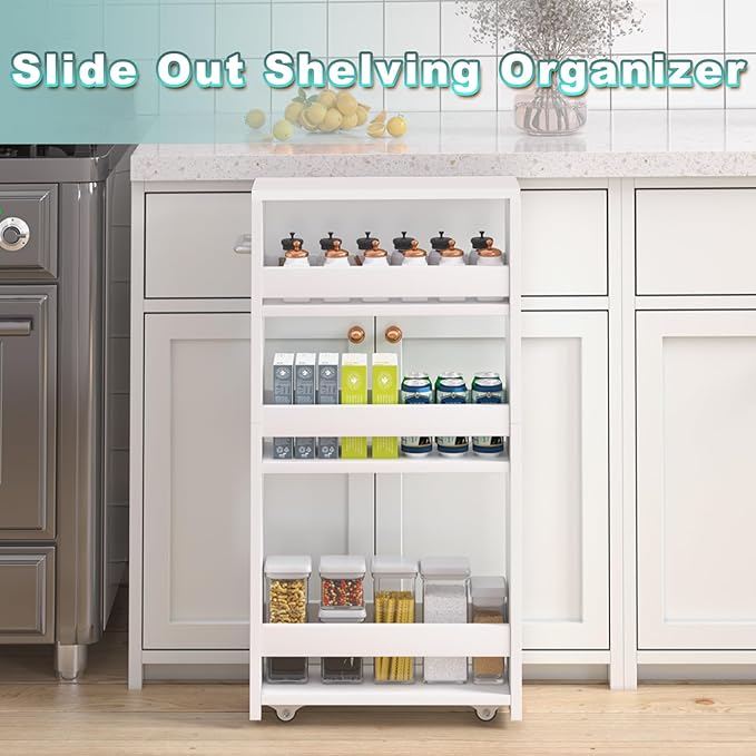 MARTY White Slim Storage Cart with Wheels, 4 Tier Rolling Utility Cart with Handle Slide Out Shelving Unit Organizer Trolley for Laundry Kitchen Bathroom Narrow Places Small Corner
