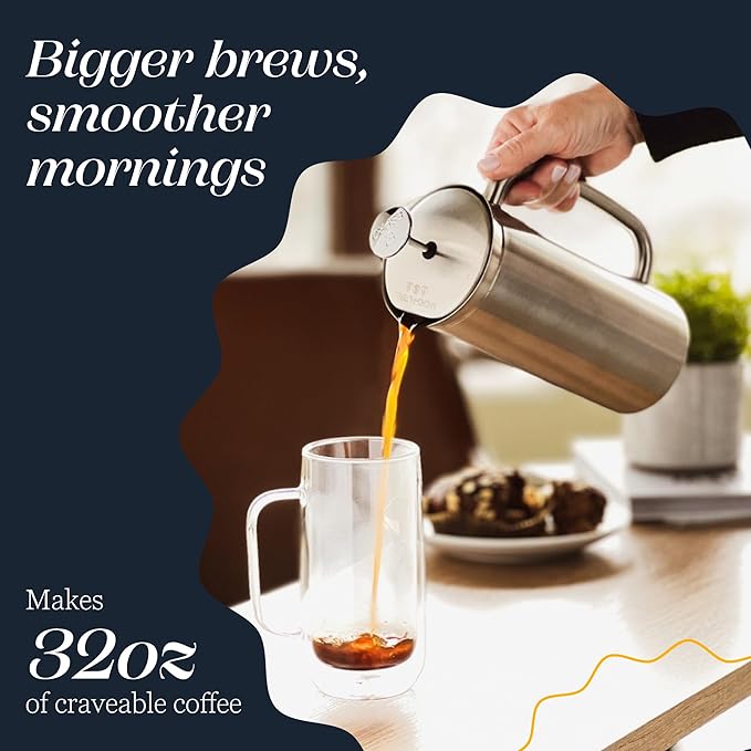 ESPRO P7 Brushed Stainless Steel French Press 304 – Patented Double Walled Micro-Filter Insulated French Press Coffee Maker, Grit-Free Brew - Heat Resistant BPA Free (32oz)