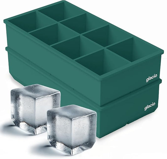 glacio Ice Cube Molds – 2-Pack Silicone Trays for 8 Large Square Cubes – Slow-Melt Ice for Whiskey, Cocktails, Coffee & More (Green_LN)