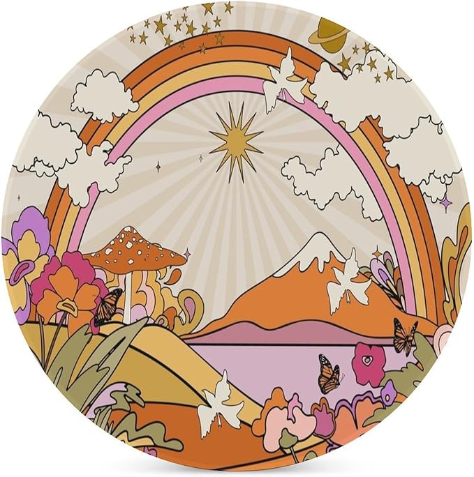 Round-6PCS Botanical Drink Coasters, Round Modern Ceramic Absorbent Coasters, Abstract Cartoon Colorful Mushroom Flower Butterfly Pattern Decor Desk Coffee Table Coaster for Beverage Cup Tea Coasters