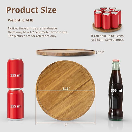 9 Inch Acacia Wood Round Tray, Wooden Decorative Coffee Table Tray Centerpiece Candle Holder for Farmhouse Kitchen Dining Room Home Bathroom Decor Coffee Table Decor and Accessories