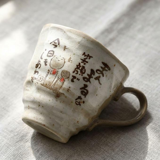 Mino Ware Japanese Coffee Mug Set of 2, Japanese Tea Cups, Jizo Statue Design, 8.8 oz, Handmade Ceramic Coffee Mug