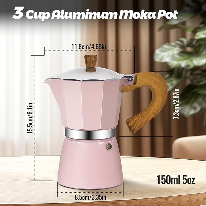Vaolvpant 3 Cup Aluminum Moka Pot Classic Stovetop Espresso Coffee Maker 150ml 5oz Coffeemaker Percolator Mocha Pot Greca Coffee Maker Cafe Makers for Italian and Cuban Café Brewing Pink