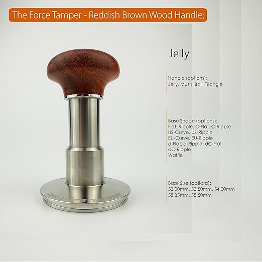 The Force Tamper Automatic Impact Adjustable Constant Pressure and Autoleveling Coffee Tamper Reddish Brown Jellyfish Wooden Handle Set Pro (Standard Set, 58.35mm)