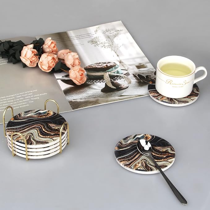 6 Pcs Black and Gold Marble Coasters with Holder Best Round Absorbent Coasters for Drinks, Coffee, Beer, Table Marble Personalized Coaster Sets