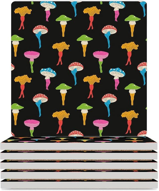 Square-6PCS Botanical Drink Coasters, Square Modern Ceramic Absorbent Coasters, Cartoon Botanical Colorful Mushroom Pattern Decor Desk Coffee Table Coaster for Beverage Cup Tea Coasters