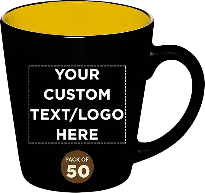 Custom Ceramic Coffee Latte Mugs 12 oz. Set of 50, Personalized Bulk Pack - Perfect for Coffee, Tea, Espresso, Hot Cocoa, Other Beverages - Yellow