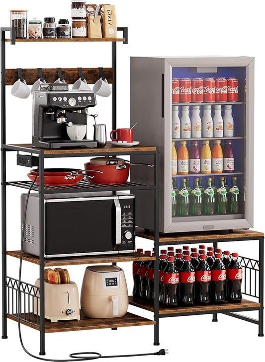 Portin Kitchen Shelf Bakers Rack with Power Outlet, Mini Fridge and Microwave Stand Coffee Bar Table with S-Hooks, Storage Shelf Rack for Spices, Pots and Pans - Rustic Brown