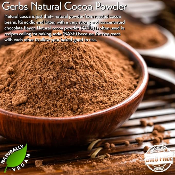 Gerbs Natural Cocoa Powder 2 lbs. | 10-12% Cocoa Butter Fat, Resealable Bag | Classic Unsweetened Cocoa | Top 14 Allergen-Free