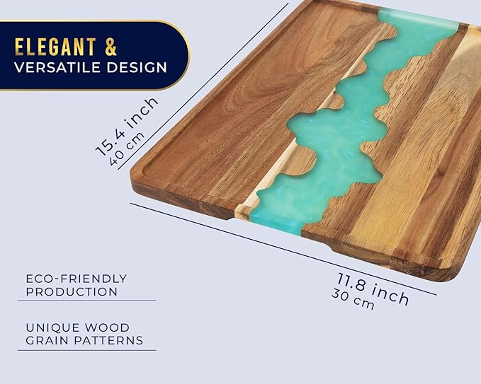 Comfify Visually Stunning Celeste Blue Resin + Acacia Wood Serving Tray - Modern 12x16 Serving Tray for Food, Breakfast in Bed, Coffee Table, Decor