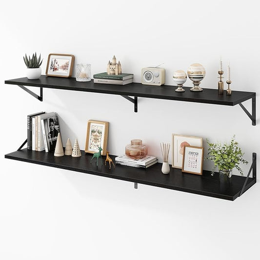 Deep Floating Shelves Wall Mounted, 55"x12" Black Wall Shelves with Brackets Set of 2 for Bedroom, Living Room, Bathroom, Kitchen, Office - Storage & Display Shelf for Decor, Books, Plants