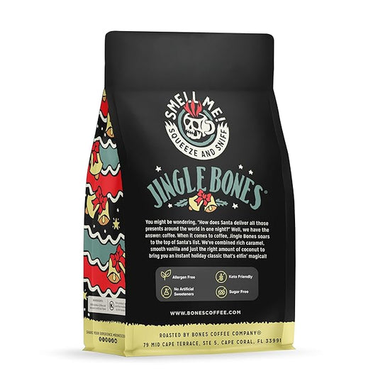 Bones Coffee Company Jingle Bones, Caramel Vanilla Coconut Flavored Coffee, Medium Roast Low Acid Arabica Beans Compatible with Auto drip and French Press Coffee Maker, 12 Oz Ground