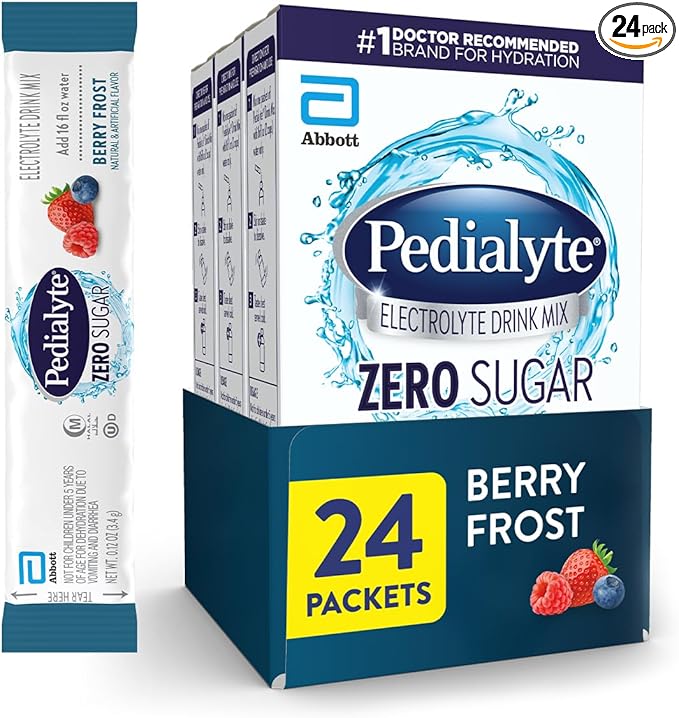 Pedialyte Electrolyte Drink Mix With Zero Sugar | Hydration With Key Electrolytes | Great Hydration Low in Calories | Berry Frost, 24 Powder Packets