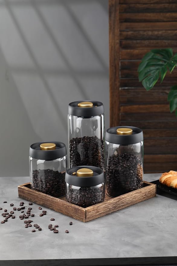 LOEZ Coffee Bean Storage Container Airtight, Lid Sealed with Press-Down Vacuum, Borosilicate Glass Coffee Canister for Ground Coffee, Tea, Beans, Spices (2 x Small - Clear)
