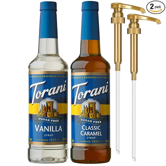 Torani Sugar Free Vanilla Syrup and Sugar Free Classic Caramel Syrup Variety 2-Pack, Coffee Syrups for Drinks, Pumps Included, 25.4 Fl Oz Ea