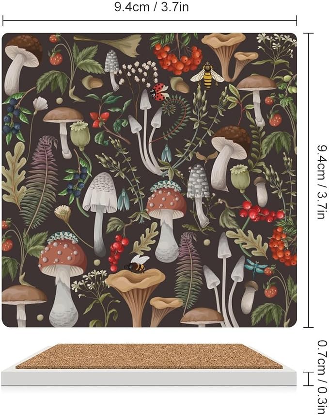 Square-4PCS Botanical Ceramic Coasters, Square Absorbent Drink Coasters, Vintage Cartoon Abstract Botanical Mushroom Plants Pattern Ceramic Table Coasters for Coffee, Beverage, Wine, Beer Coasters