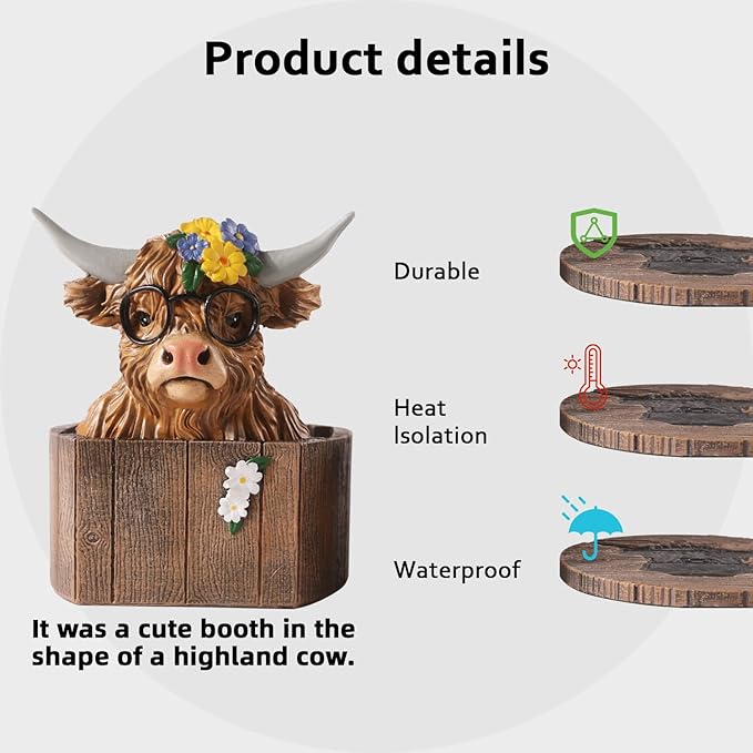 Cabin Coasters Set 6 Full Size Non-Slip Bar Coasters, Indoor Christmas Decorations, Man Cave Gifts for Men, Rustic Handmade Decor for The Home (Highland Cattle)
