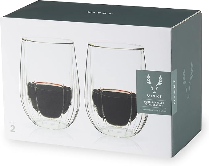 Viski Insulated Double Walled Stemless Wine Glasses, Drinking Glass with Cut Crystal Design, Home Bar Accessories, Glassware, 13 oz, Set of 2, Clear