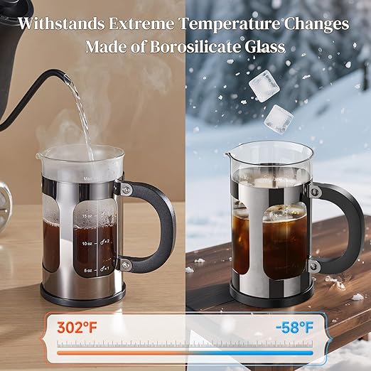 Veken French Press Coffee Maker, Heat Resistant Thickened Borosilicate Glass,Stainless Steel Brewer,Single Serve Small Pot, Cold Brew Cafetera Teapot for Kitchen Travel Camping, 21oz 0.6 L,Dark Pewter