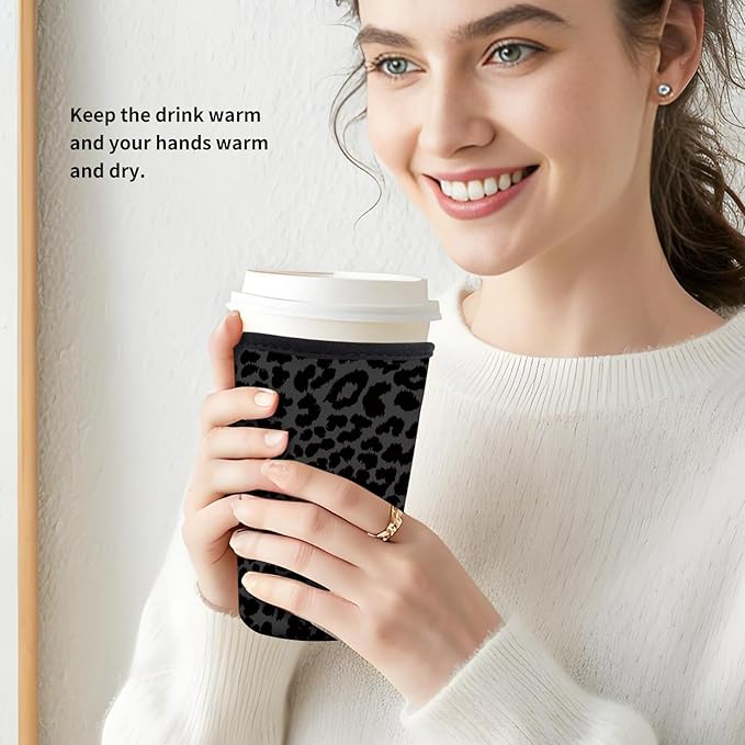 Reusable Neoprene Insulator Sleeve for Iced Coffee Cold Soda Cups, Cute Durable Drink Sleeve for Cold Beverages, Medium 22-28oz Cup Sleeve Luxuious Black Leopard
