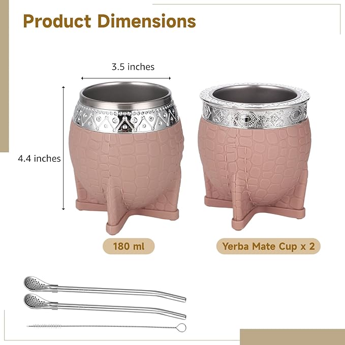 2PCS Yerba Mate Cup, 6 oz Stainless teel Mate Cup with Straw, Double Wall Vacuum Insulated Yerba Mate Gourd for Traditional Mate Tea Drinking (Light Brown)