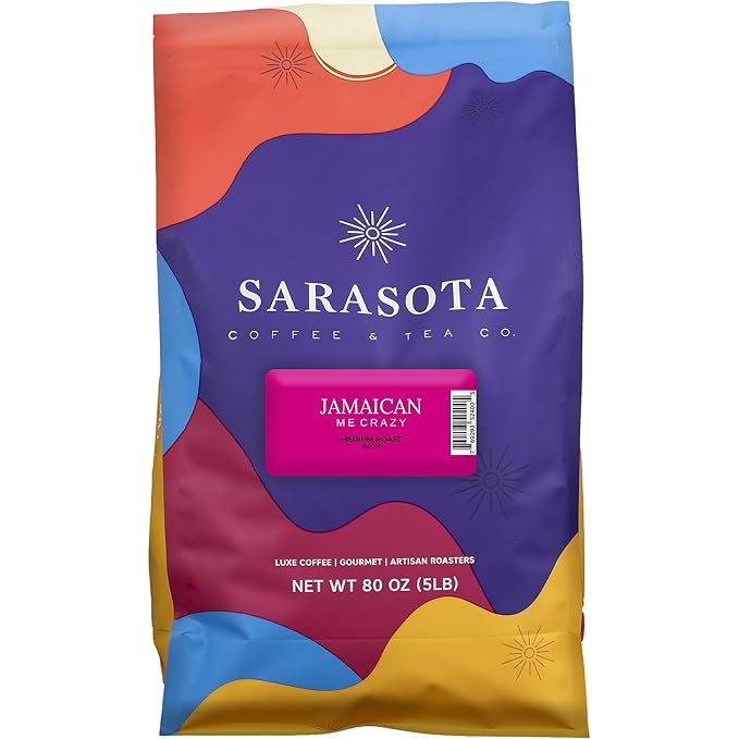 Sarasota Coffee Ground Jamaican Me Crazy | Medium Roast Gourmet Flavored Coffee Grounds | Low Acid, Mold Free, Specialty Grade Flavored Bulk Ground | 5lb (80 oz)