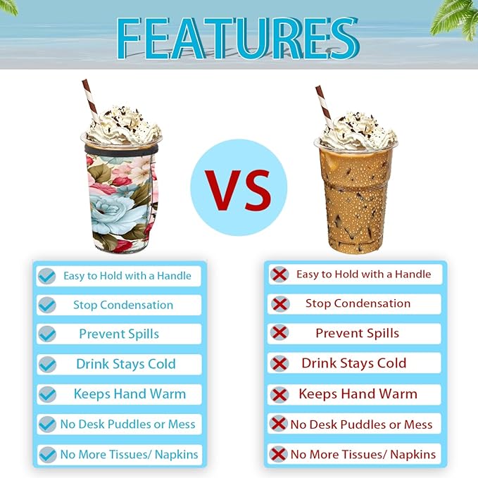 Reusable Iced Coffee Cup Sleeve Peony Neoprene Insulated Sleeves Cup Holder with handle Idea for 24oz - 28oz