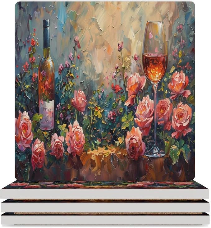 Red Wine Drink Coasters, Square Ceramic Drink Coaster Square-4PCS, Oil Painting Style Red Wine Grapes Floral Rose Flower Pattern Decor Absorbent Ceramic Coasters for Beverage Cup, Bar, Coffee Table