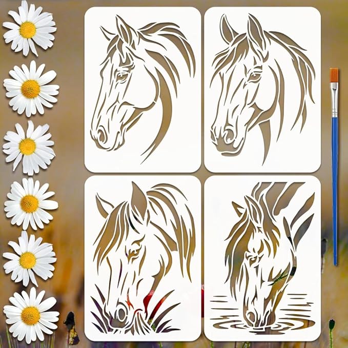 FINGERINSPIRE 4PCS Horse Head Stencils with 1Pc Brush 8.3x11.7inch Traditional Horses Pattern Stencil Template Animal Horses Head Stencils for Painting on Wood Wall Furniture DIY Home Decoration