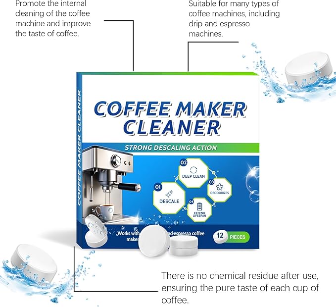 Coffee Machine Descaler Cleaner Tablets - 12 Count, Universal Fit for All Coffee Makers, Removes Oil & Mineral Buildup, Deep Cleaning Solution,1 Year Supply