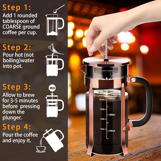 YMMIND French Press Coffee Maker 304 Stainless Steel Coffee Press,with 4 Filters System, Heat Resistant Thickness Borosilicate French Press Glass, BPA-Free Brewed Tea Pot Coffee Plunger(Copper 12oz)