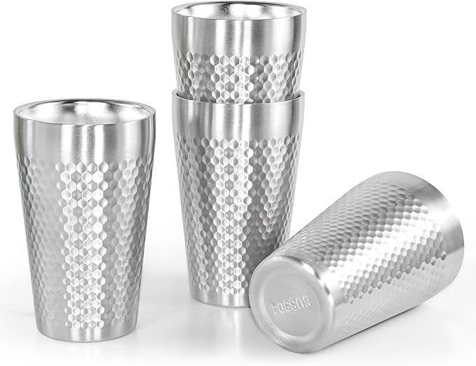 AGH 4 Pack Stainless Steel Cups for Kids, Metal 15oz Double Layer Insulated Cup, Reusable Stackable Cup for Party Outdoor (Matte Silver)