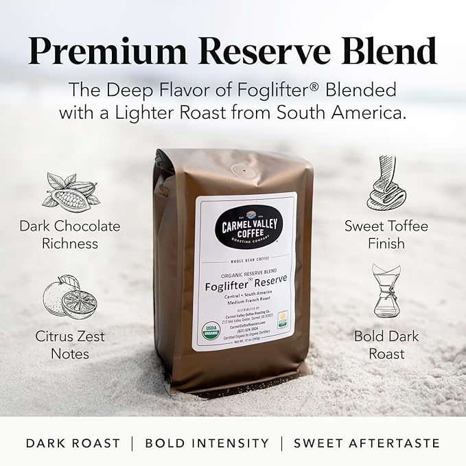 Carmel Valley Coffee Roasting Foglifter® Reserve – Whole Bean Organic Dark Roast Coffee, Connoisseur's Premium Blend, Citrus Zest & Toffee Notes, 12 Ounce Bag (Pack of 1)