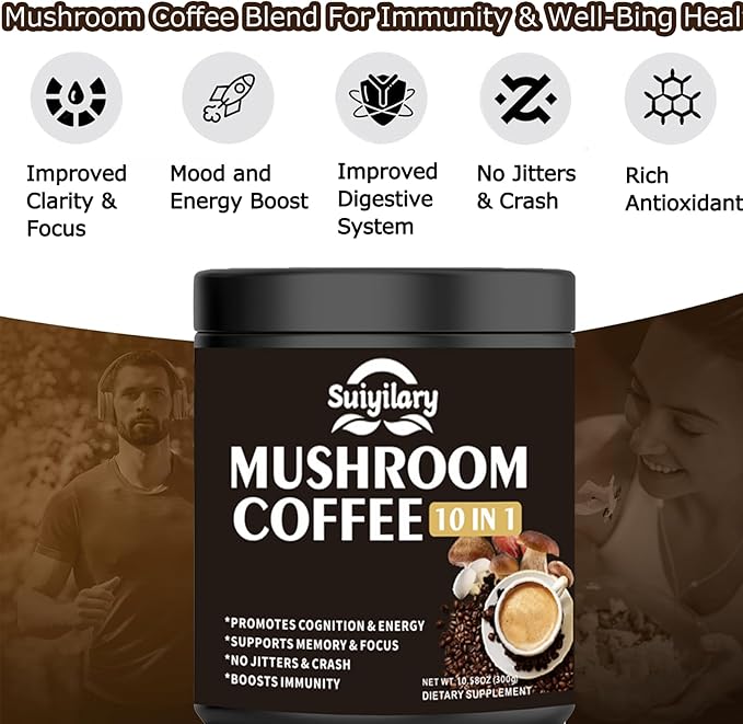 Mushroom Coffee, 10 Mushroom Extract Powder Blend Lion's Mane, Reishi, Chaga, Cordyceps, Turkey Tail, Brain Supplements with Instant Coffee for Energy, Focus, Memory and Immunity 300g