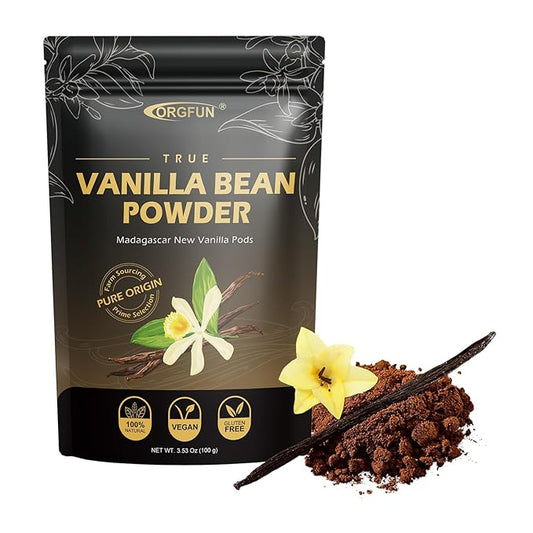 ORGFUN Vanilla Bean Powder 3.53 Oz, Native Ground Madagascar Vanilla Powder Pure Natural No Fillers or Additives Great for Baking, Desserts, Coffee Vegan Gluten Free 100G