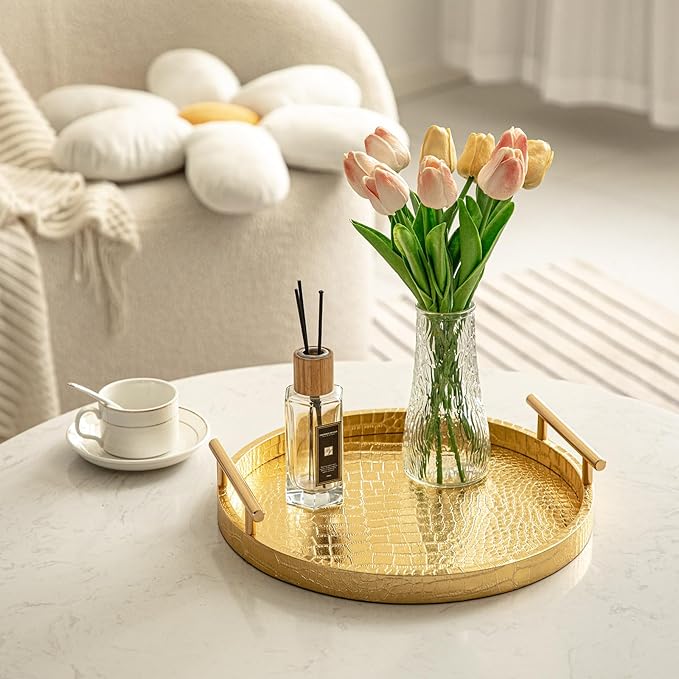Modern Decorative Tray Set of 2, Wooden Round Crocodile Leather Tray with Polished Metal Handles, Decorative Serving Trays Coffee Table Trays Ottoman Platter for Home Decor (Golden)