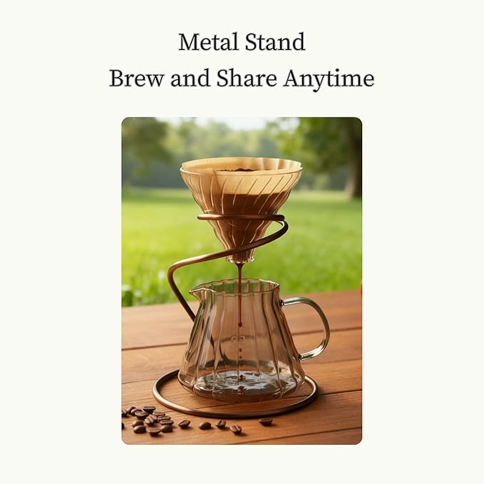 Pour Over Coffee Maker Set with Glass Carafe, Iron Stand, Bamboo Base, 20 oz Capacity, V02 Filter Papers(100 Count), Manual Drip Brewing System