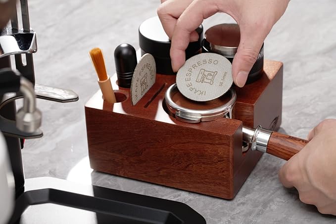IKAPE Espresso Tamper Holder, Wooden Coffee Tamper Station Base, Natural Walnut Espresso Tamp Mat Stand Fit for 51 to 54mm Espresso Accessories - Can Adjustable Portafilters Stand Height (7 IN One)