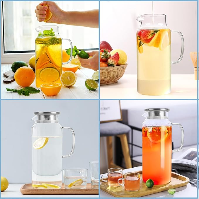 Yirilan Glass Pitcher, 2 Liter(68oz) Water Pitcher with Lid and Spout, Large Pitchers for Drinks, Water Carafe Jug, Beverage Pitchers