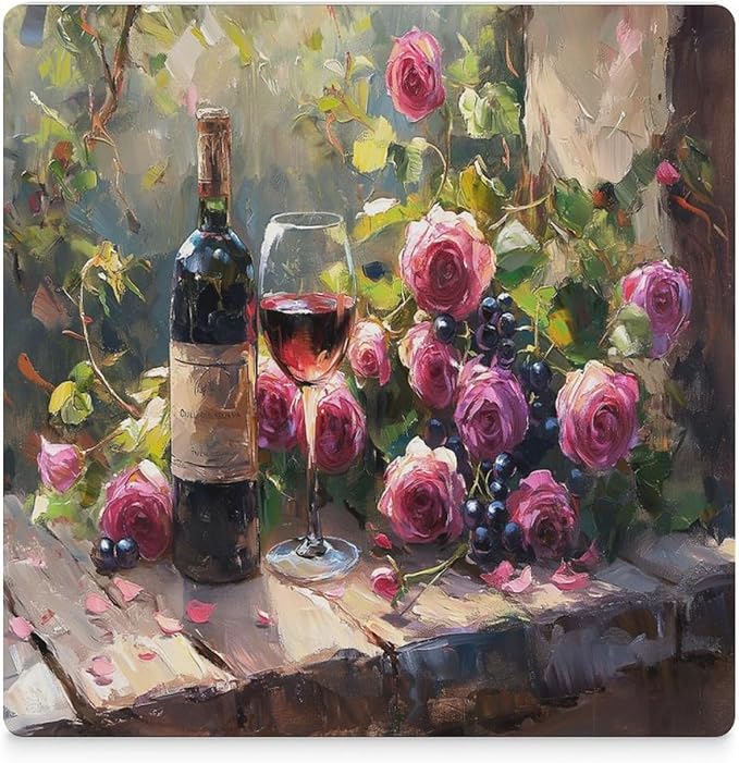 Red Wine Drink Coasters, Square Ceramic Drink Coaster Square-6PCS, Oil Painting Style Vintage Red Wine Flower Grapes Rose Floral Decor Absorbent Ceramic Coasters for Beverage Cup, Bar, Coffee Table