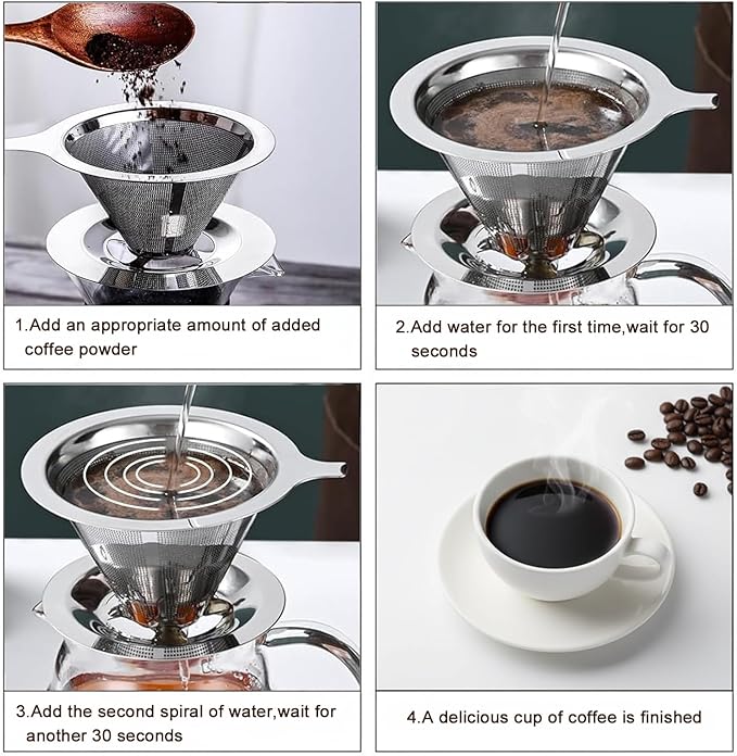 Stainless Steel Pour Over Coffee Dripper, Paperless Reusable Cone Coffee Filter with Ultra Fine Micro Mesh, Pour Over Coffee Maker for Single Cup Brew, Non-slip Stand for Perfect Extraction, 1-4 Cups