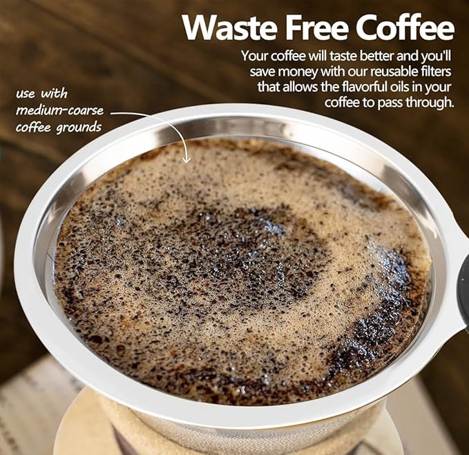 Reusable Permanent Paperless Coffee Pour-Over Dripper, Double-Layer 800-Mesh Stainless Steel, Fits Oval Containers, with Brush, 2-3 Cups for Home Travel Camping