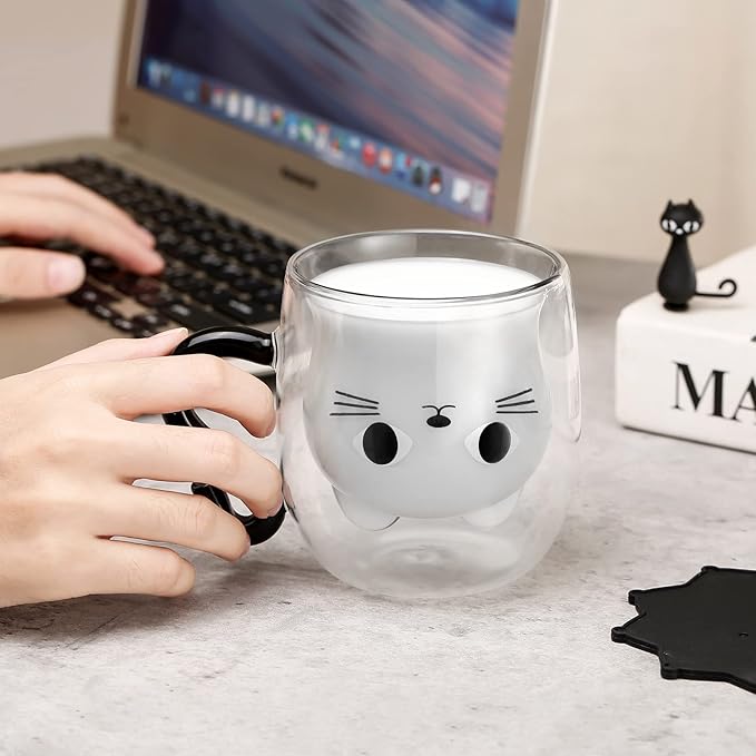 Cat Mugs, Double Wall Glass Cute Coffee Tea Cup, Graduation Valentines Mothers Day Easter Halloween Christmas Gifts for Women Wife Mum Her Girl Teacher Friend, Birthday Present Idea