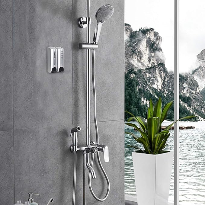 Wall Mounted Shower Soap Dispenser 2 Chamber No Drill Shampoo Dispenser for Shower, Refillable Shampoo Bottles, Wall Shampoo and Body Wash Dispenser for Bathroom Hotel 2 * 350ml Silver